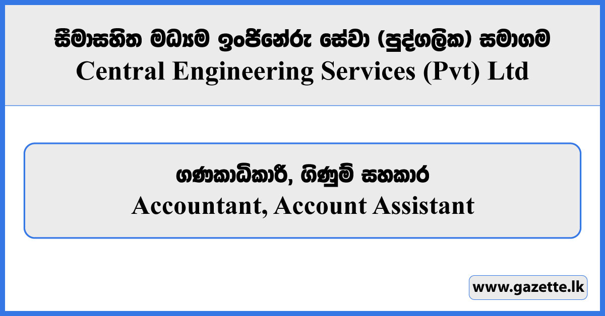 Accountant, Account Assistant - Central Engineering Services (Pvt) Ltd Vacancies 2025