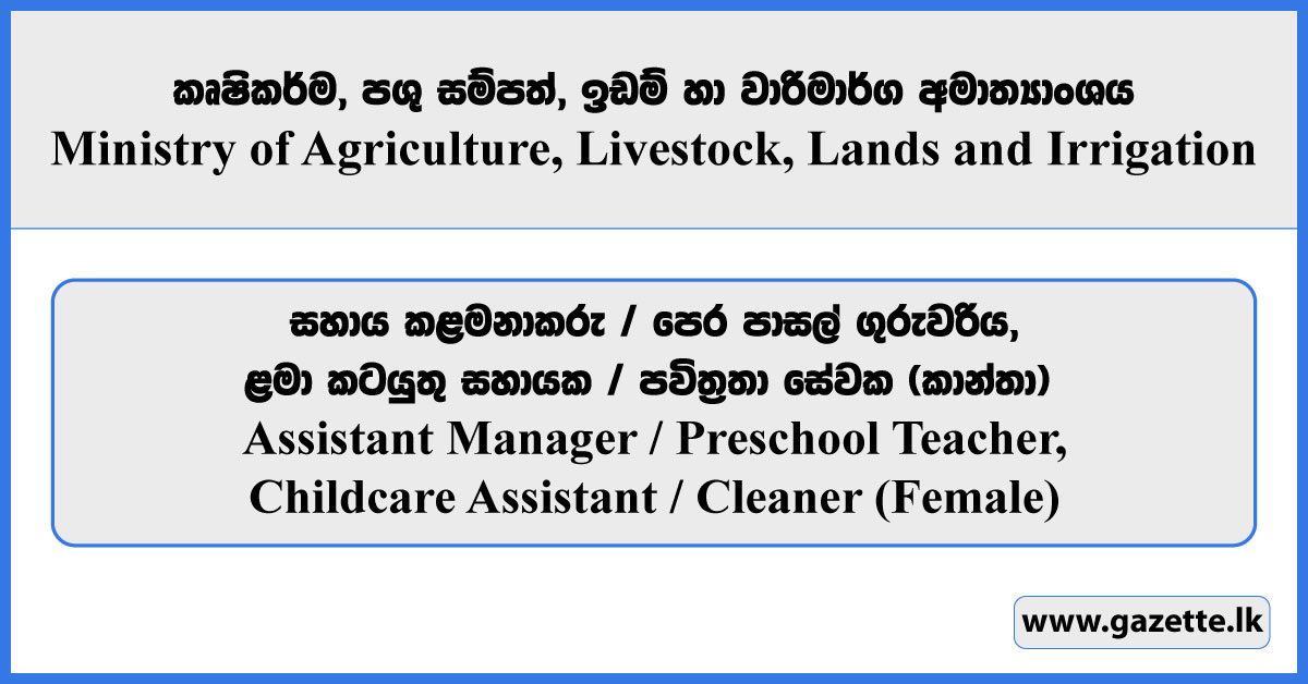Assistant Manager / Preschool Teacher, Childcare Assistant / Cleaner - Ministry of Agriculture, Livestock, Lands and Irrigation Vacancies 2026