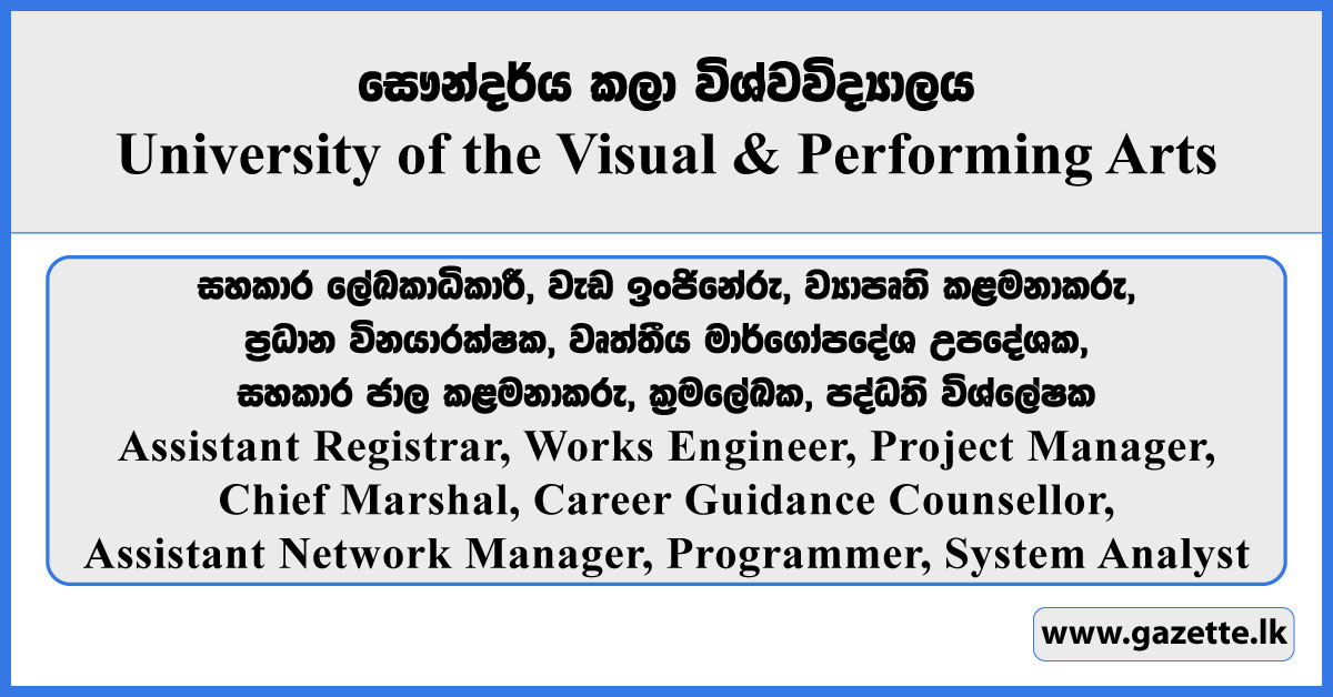 Assistant Registrar, Works Engineer, Project Manager, Chief Marshal, Career Guidance Counsellor, Assistant Network Manager, Programmer, System Analyst - University of the Visual & Performing Arts Vacancies 2025