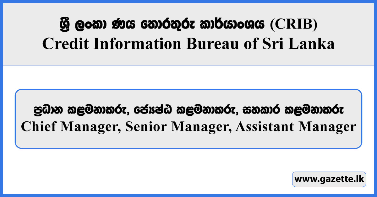 Chief Manager / Senior Manager, Assistant Manager - Credit Information Bureau of Sri Lanka Vacancies 2025
