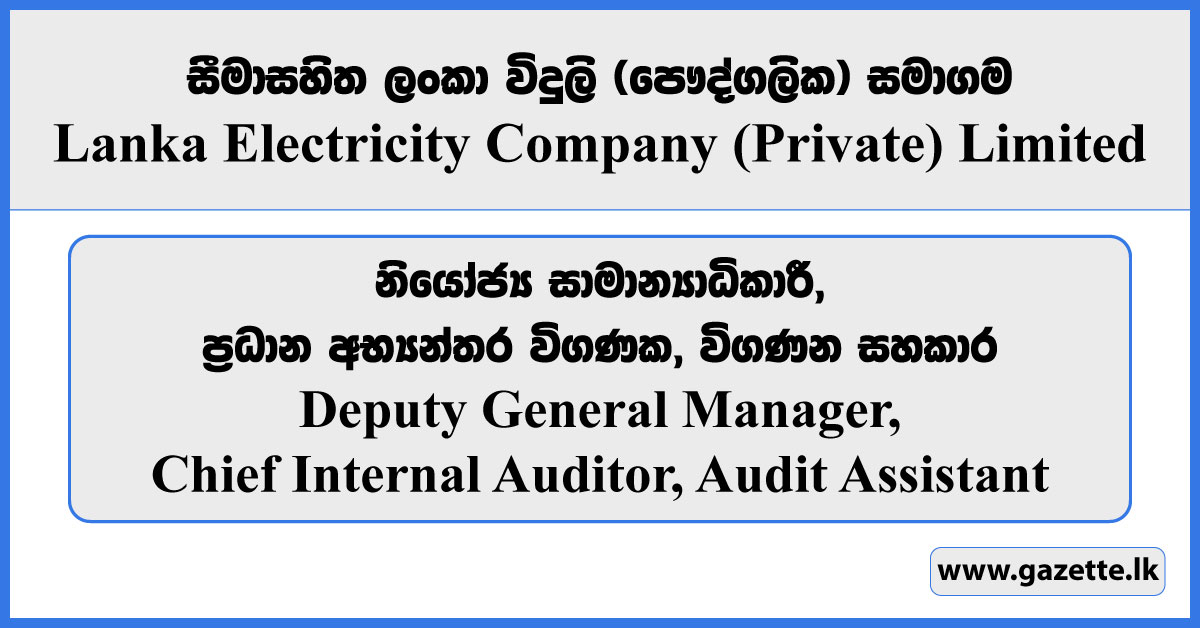 Deputy General Manager, Chief Internal Auditor, Audit Assistant - Lanka Electricity Company (Private) Limited Vacancies 2024