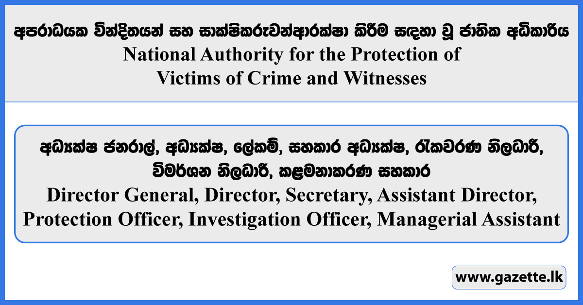 Director General, Director, Secretary, Assistant Director, Protection Officer, Investigation Officer, Managerial Assistant - National Authority for the Protection of Victims of Crime and Witnesses Vacancies 2025