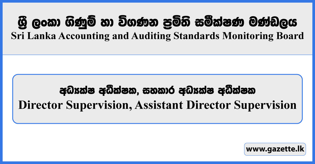 Director Supervision, Assistant Director Supervision - Sri Lanka Accounting and Auditing Standards Monitoring Board Vacancies 2024