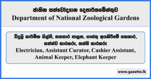 Electrician, Assistant Curator, Cashier Assistant, Animal Keeper, Elephant Keeper - Department of National Zoological Gardens Vacancies 2026