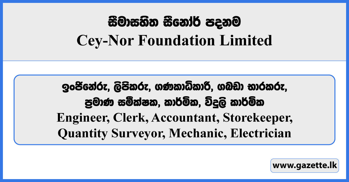 Engineer, Clerk, Accountant, Storekeeper, Quantity Surveyor, Mechanic, Electrician - Cey-Nor Foundation Limited Vacancies 2025
