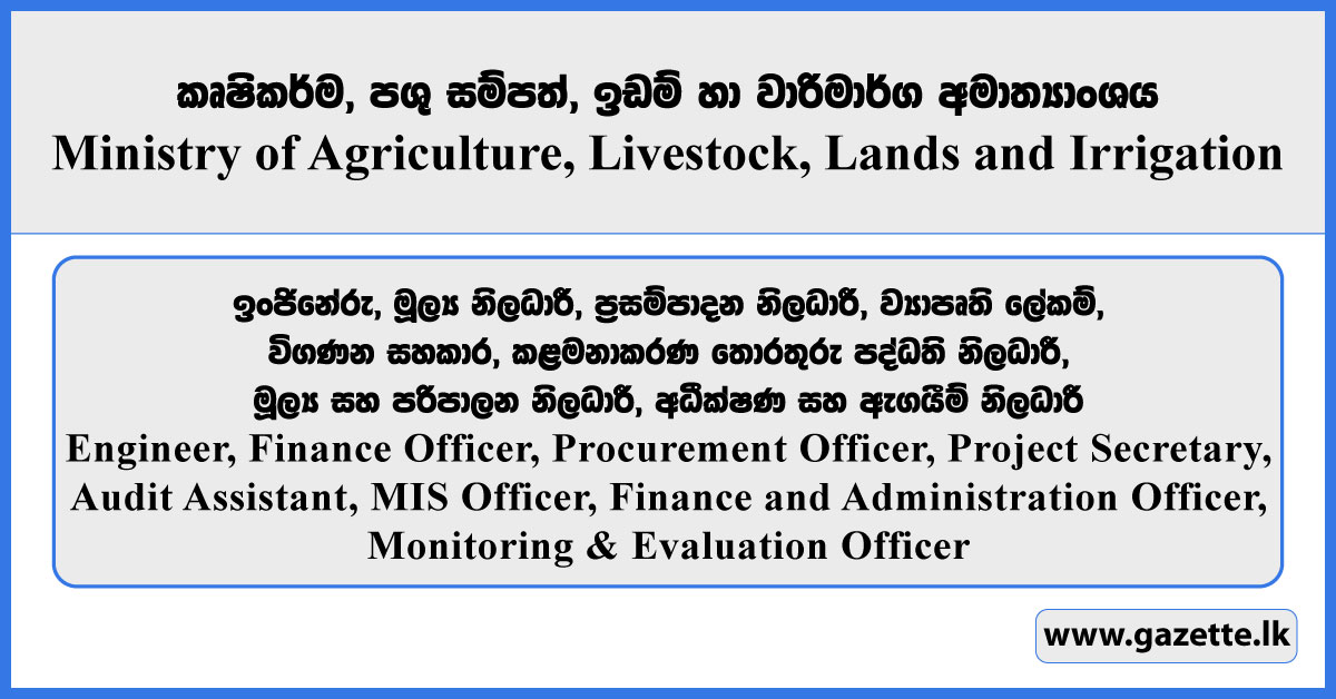 Engineer, Finance Officer, Procurement Officer, Project Secretary, Audit Assistant, MIS Officer, Finance and Administration Officer, Monitoring & Evaluation Officer - Ministry of Agriculture, Livestock, Lands and Irrigation 2026