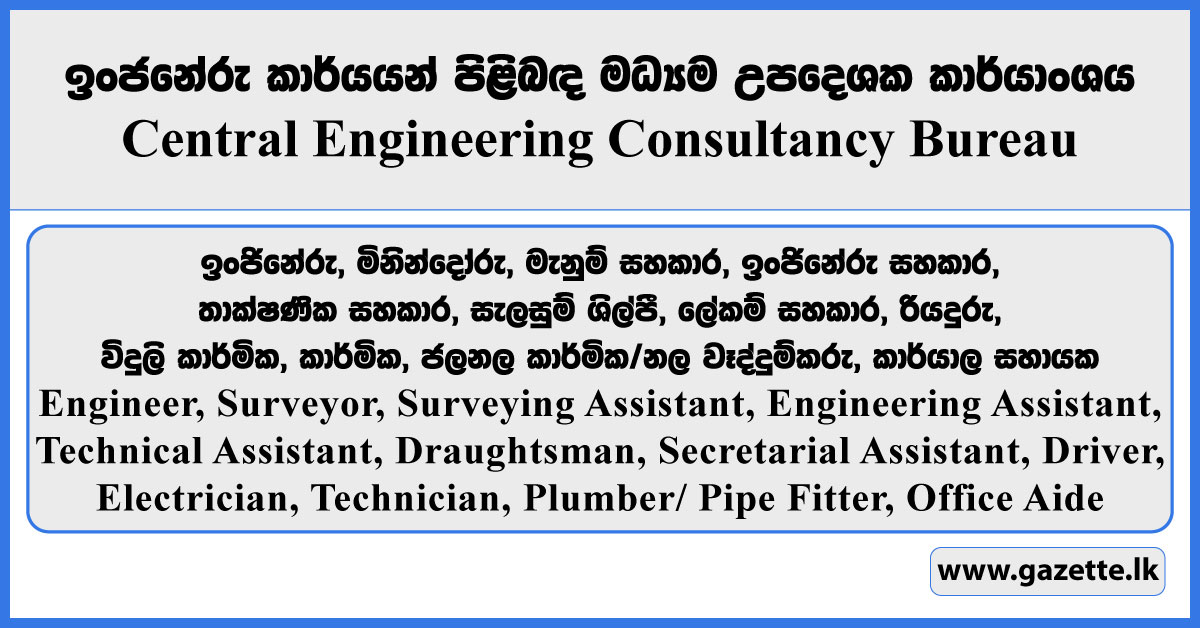 Engineer, Surveyor, Surveying Assistant, Engineering Assistant, Technical Assistant, Draughtsman, Secretarial Assistant, Driver, Electrician, Technician, Plumber/ Pipe Fitter, Office Aide - Central Engineering Consultancy Bureau 2025