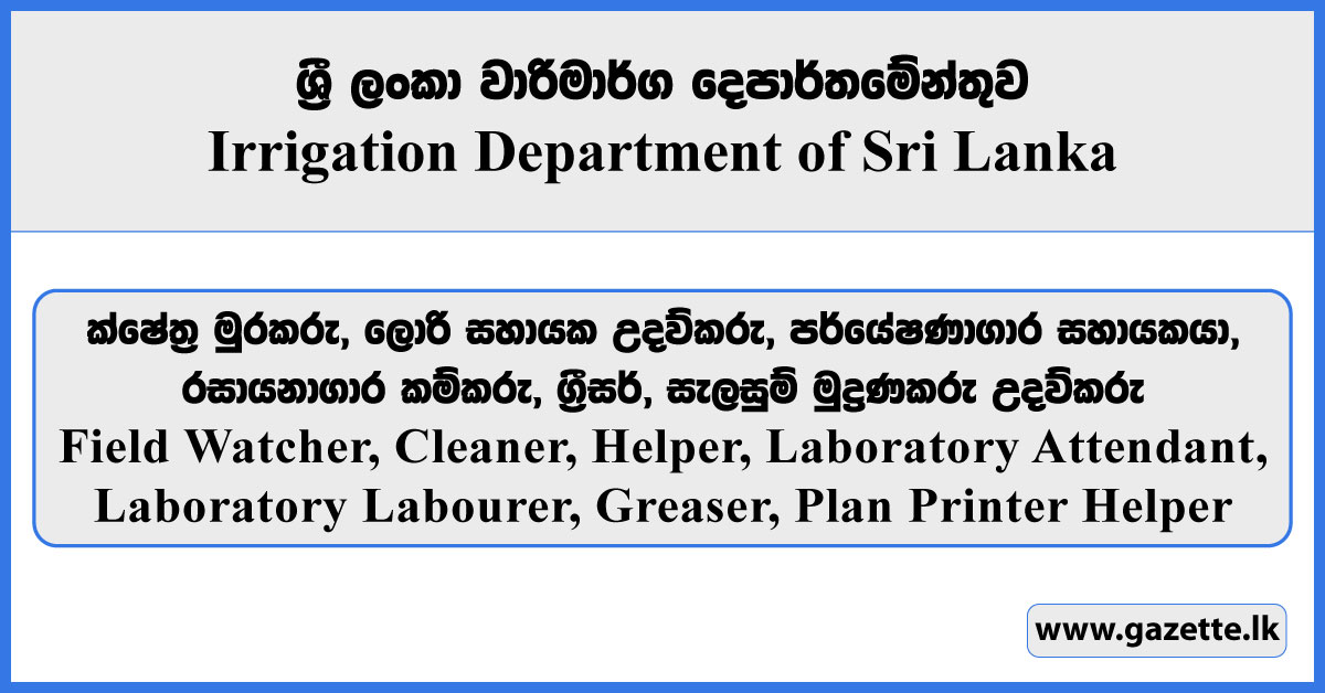 Field Watcher, Cleaner, Helper, Laboratory Attendant, Laboratory Labourer, Greaser, Plan Printer Helper - Irrigation Department Vacancies 2025