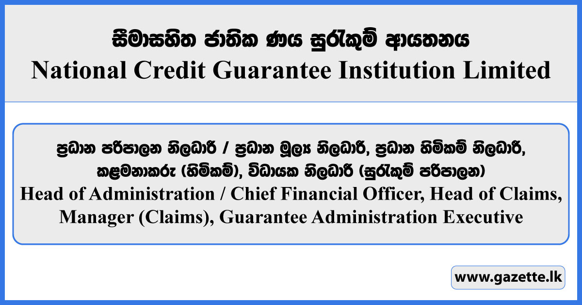 Head of Administration / Chief Financial Officer, Head of Claims, Manager (Claims), Guarantee Administration Executive - National Credit Guarantee Institution Limited Vacancies 2026