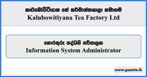 Information System Administrator - Kalubowitiyana Tea Factory Limited Vacancies 2026