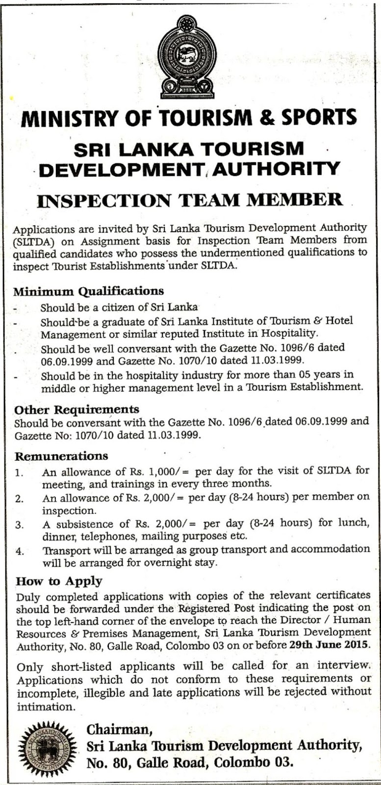 sri lanka tourist board vacancies 2022