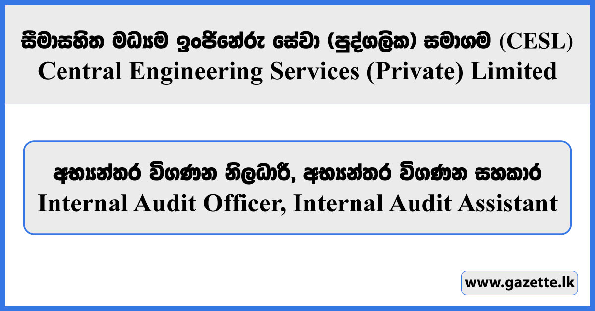 Internal Audit Officer, Internal Audit Assistant - Central Engineering Services (Private) Limited Vacancies 2026