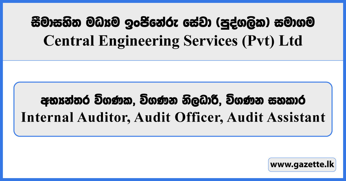Internal Auditor, Audit Officer, Audit Assistant - Central Engineering Services (Pvt) Ltd Vacancies 2025