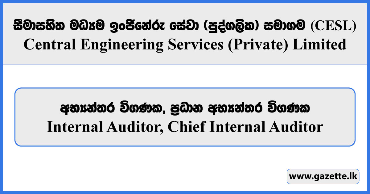 Internal Auditor - Central Engineering Services (Private) Limited Vacancies 2026