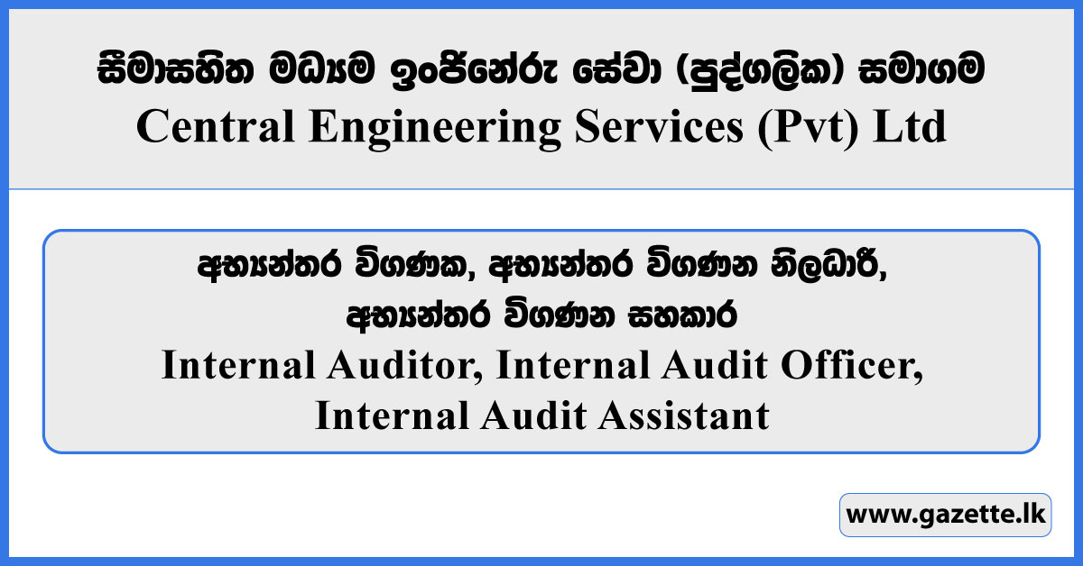Internal Auditor, Internal Audit Officer, Internal Audit Assistant - Central Engineering Services (Pvt) Ltd Vacancies 2025