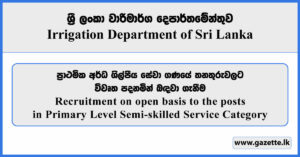 Recruitment on open basis to the posts in Primary Level Semi-skilled Service Category - Irrigation Department Vacancies 2025