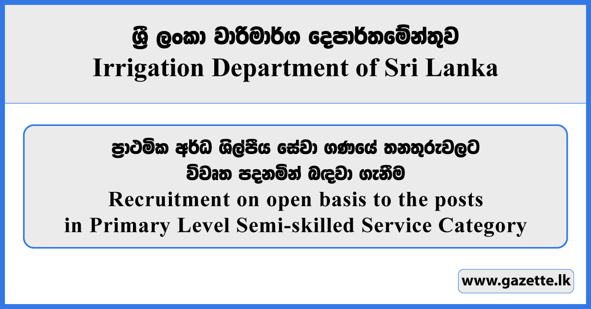 Recruitment on open basis to the posts in Primary Level Semi-skilled Service Category - Irrigation Department Vacancies 2025