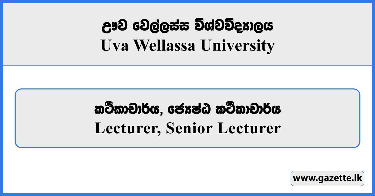 Lecturer, Senior Lecturer - Uva Wellassa University Vacancies 2026