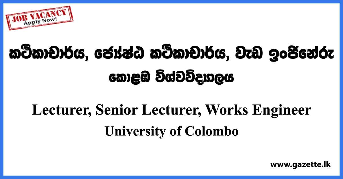Lecturer, Senior Lecturer, Works Engineer - University of Colombo