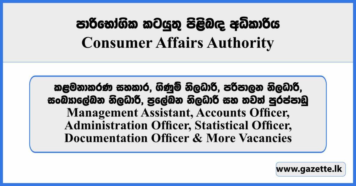 Management Assistant, Accounts Officer, Administration Officer, Statistical Officer, Documentation Officer & More Vacancies - Consumer Affairs Authority 2026