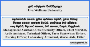Management Assistant, Chief Security Officer, Chief Marshal, Audit Assistant, Technical Officer, Farm Supervisor, Nursing Officer, Laboratory Attendant, Works Aide, Driver, Fitter - Uva Wellassa University Vacancies 2025