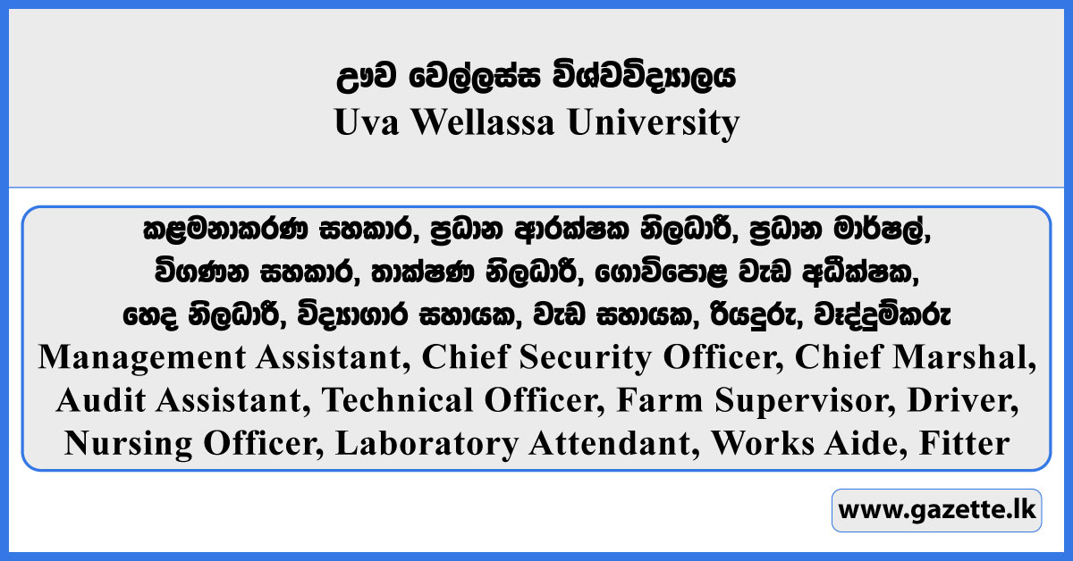 Management Assistant, Chief Security Officer, Chief Marshal, Audit Assistant, Technical Officer, Farm Supervisor, Nursing Officer, Laboratory Attendant, Works Aide, Driver, Fitter - Uva Wellassa University Vacancies 2025