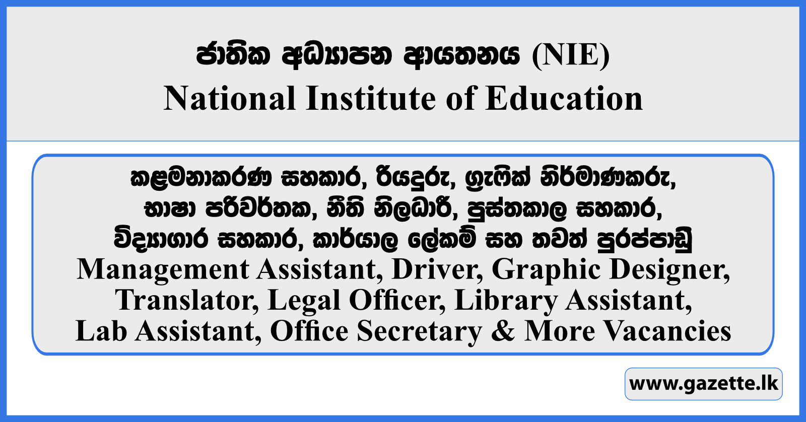 Management Assistant, Driver, Graphic Designer, Translator, Legal Officer, Library Assistant, Lab Assistant, Secretary & More Vacancies - National Institute of Education 2026