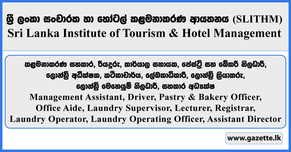 Management Assistant, Driver, Pastry & Bakery Officer, Office Aide, Laundry Supervisor, Lecturer, Registrar, Laundry Operator, Laundry Operating Officer, Assistant Director - SLITHM Vacancies 2025