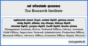 Management Assistant, Driver, Technical Officer, Library Assistant, Field Officer, Supervisor, Network Administrator, Production Officer, Research Officer, Advisory Officer, Extension Officer, Deputy Director - Tea Research Institute Vacancies 2025