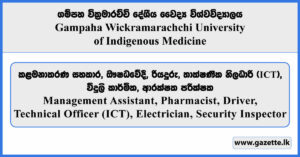 Management Assistant, Pharmacist, Driver, Technical Officer, Electrician, Security Inspector - Gampaha Wickramarachchi Universityof Indigenous Medicine Vacancies 2026