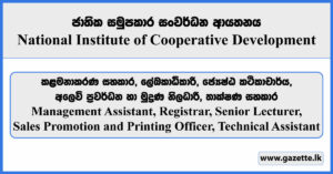 Management Assistant, Registrar, Senior Lecturer, Sales Promotion and Printing Officer, Technical Assistant - National Institute of Cooperative Development Vacancies 2025