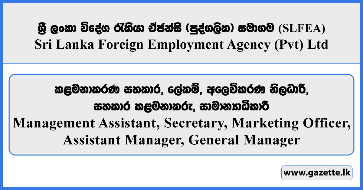 Management Assistant, Secretary, Marketing Officer, Assistant Manager, General Manager - Sri Lanka Foreign Employment Agency (Private) Limited Vacancies 2026