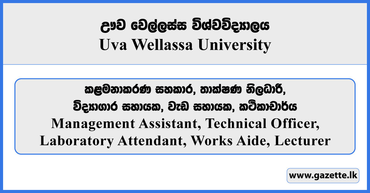 Management Assistant, Technical Officer, Laboratory Attendant, Works Aide, Lecturer - Uva Wellassa University Vacancies 2025