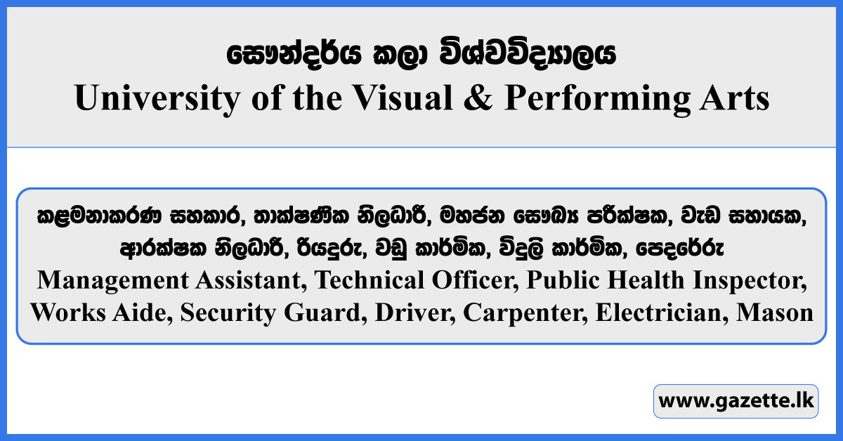Management Assistant, Technical Officer, Public Health Inspector, Works Aide, Security Guard, Driver, Carpenter, Electrician, Mason - University of the Visual & Performing Arts Vacancies 2025