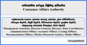 Management Assistant, Director General, Director, Data Coordinator, Administration Officer, Accounts Officer, Costing Officer, Documentation Officer, Market Research Analyst, Media Officer - Consumer Affairs Authority 2025