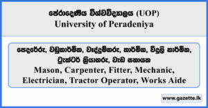 Mason, Carpenter, Fitter, Mechanic, Electrician, Tractor Operator, Works Aide - University of Peradeniya Vacancies 2026