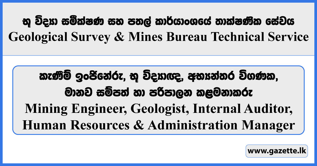 Mining Engineer, Geologist, Human Resources and Administration Manager, Internal Auditor - GSMB Technical Service (Private) Limited Vacancies 2025