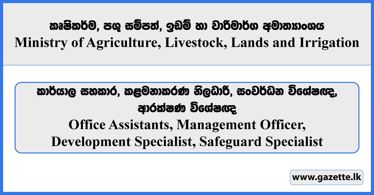 Office Assistants, Management Officer, Development Specialist, Safeguard Specialist - - Ministry of Agriculture, Livestock, Lands and Irrigation Vacancies 2026