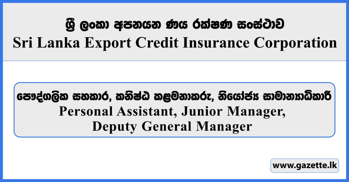 Personal Assistant, Junior Manager, Deputy General Manager - Sri Lanka Export Credit Insurance Corporation Vacancies 2026