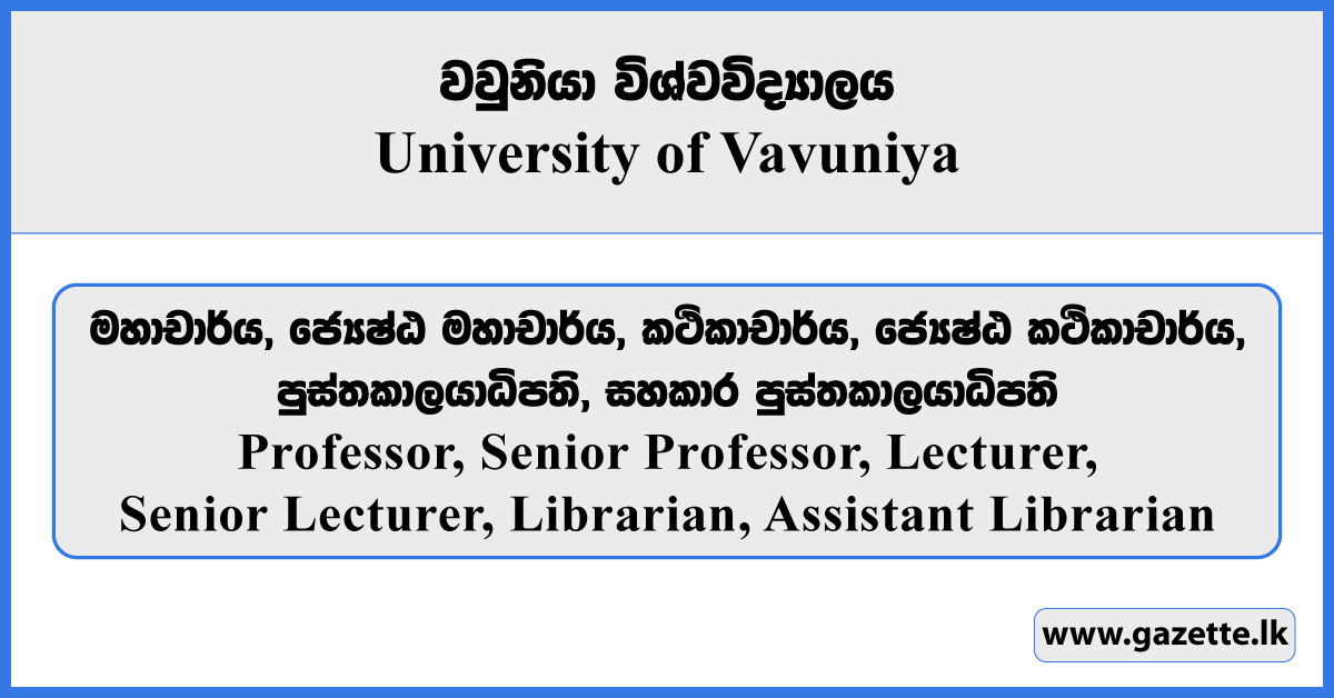 Professor, Senior Professor, Lecturer, Senior Lecturer, Librarian, Assistant Librarian - University of Vavuniya Vacancies 2025