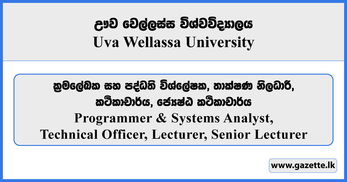 Programmer, System Analyst, Technical Officer, Lecturer, Senior Lecturer - Uva Wellassa University Vacancies 2026