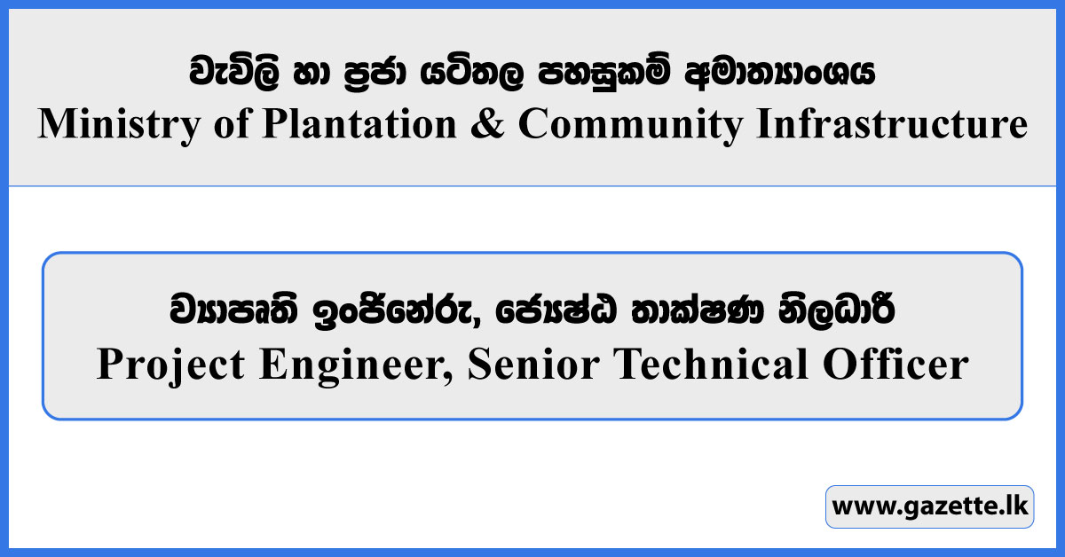 Project Engineer, Senior Technical Officer - Ministry of Plantation and Community Infrastructure Vacancies 2026