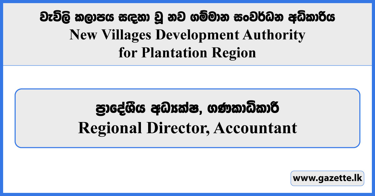 Regional Director, Accountant - New Villages Development Authority for Plantation Region Vacancies 2024