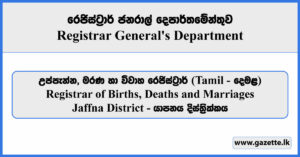 Registrar of Births, Deaths and Marriages - Jaffna District (Tamil) - Registrar General's Department Vacancies 2025
