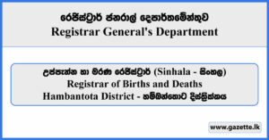 Registrar of Births and Deaths - Hambantota District (Sinhala) - Registrar General's Department Vacancies 2025
