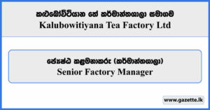 Senior Factory Manager - Kalubowitiyana Tea Factory Limited Vacancies 2026