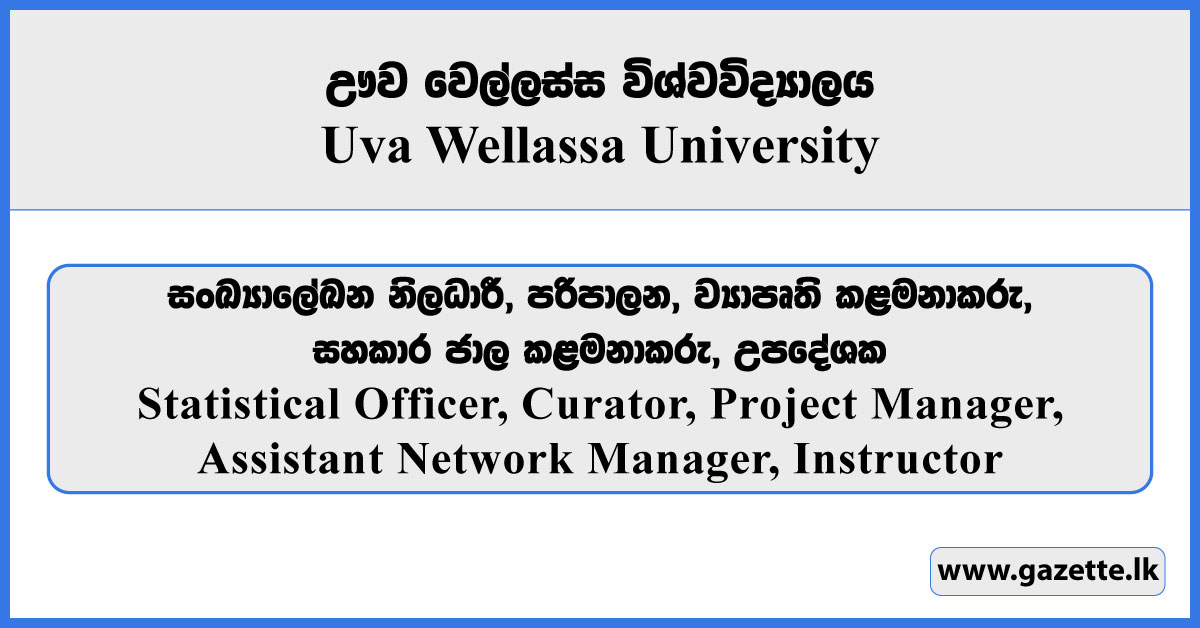 Statistical Officer, Curator, Project Manager, Assistant Network Manager, Instructor - Uva Wellassa University Vacancies 2025