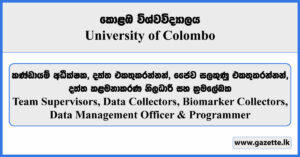 Team Supervisors, Data Collectors, Biomarker Collectors, Data Management Officer, Programmer - University of Colombo Vacancies 2025