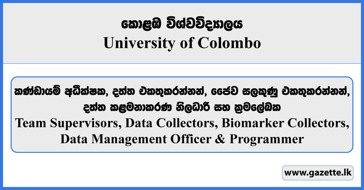 Team Supervisors, Data Collectors, Biomarker Collectors, Data Management Officer, Programmer - University of Colombo Vacancies 2025