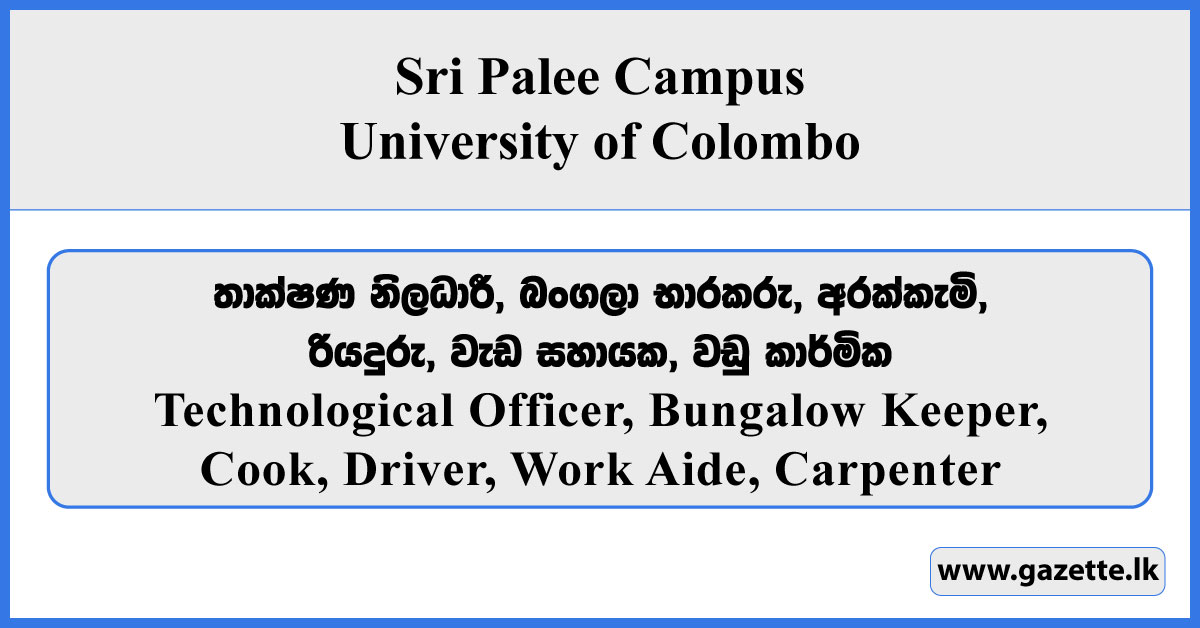 Technological Officer, Bungalow Keeper, Cook, Driver, Work Aide, Carpenter - Sri Palee Campus Vacancies 2025